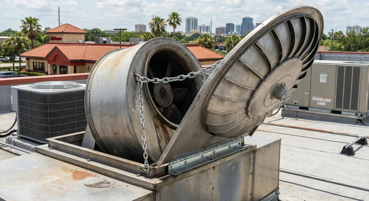 Exhaust fan hinge kit installation on Hartford commercial kitchen roof