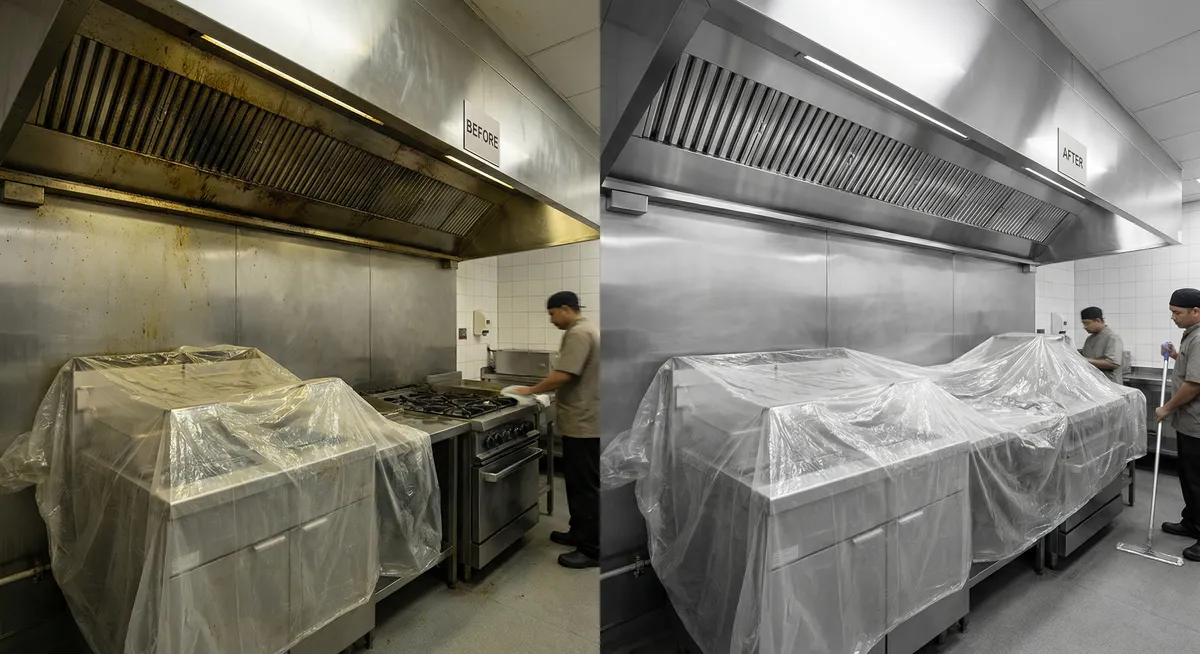 Before and after restaurant hood cleaning results for a Hartford kitchen